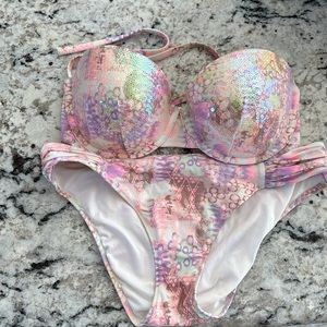 Sequins,strapless Victoria’s Secret push-up bikini; 32DD; medium knockout bottom